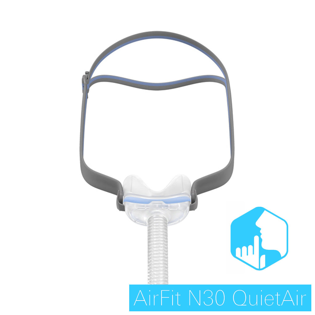 Masque nasal ResMed Airfit N30, ensemble de masque avec valve d'expiration QuietAir, incluant un bourrelet de masque S + M, incluant un bandeau