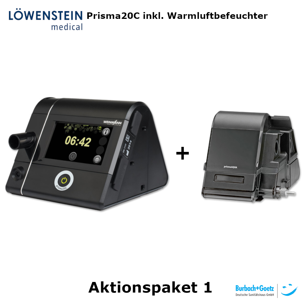Appareil de thérapie CPAP Löwenstein prisma20C pour apnée du sommeil - Pack promotionnel 1 (incl. humidificateur d'air chaud & tuyau chauffant)
