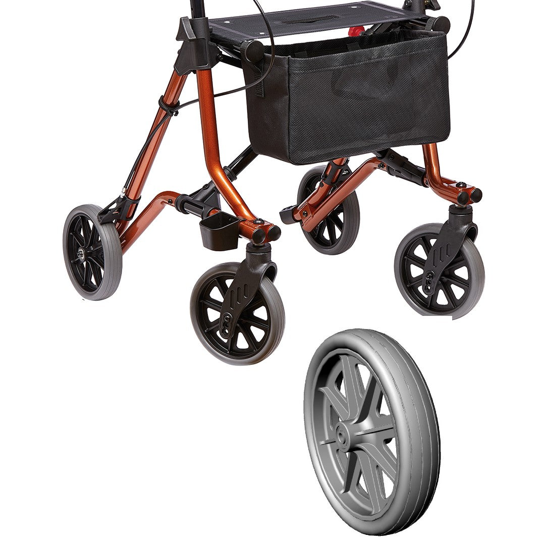 Image of a wheel for Taima M with a rollator in the background