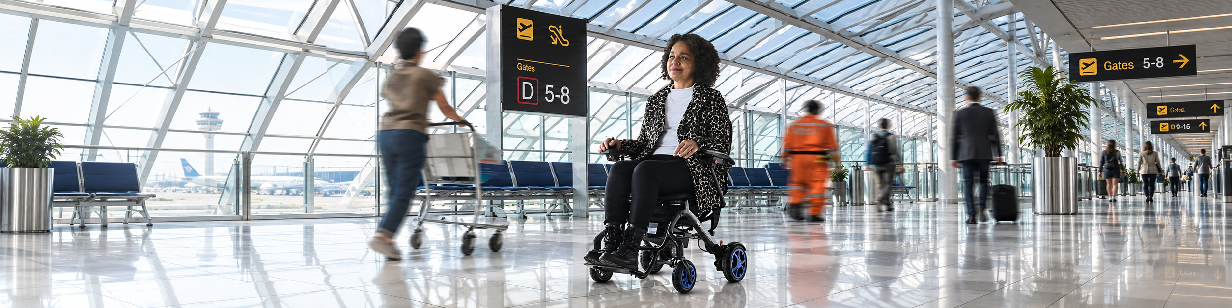 Frau im faltbaren Elektrorollstuhl am Flughafen auf dem Weg zum Gate
