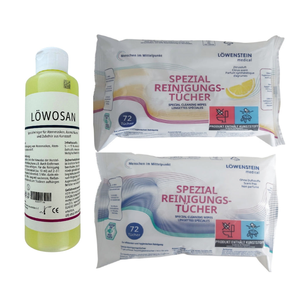 1x Löwosan + 2x Cleaning Wipes (neutral/citrus), CPAP Mask Special Cleaner (250ml) + Special Cleaning Wipes (72 pieces each)