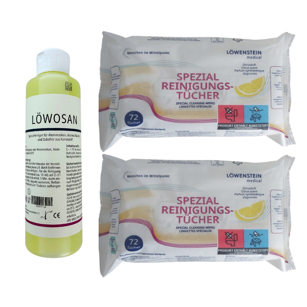 1x Löwosan + 2x Citrus Cleaning Wipes, CPAP Mask Special Cleaner (250ml) + Special Cleaning Wipes (72 pieces each)