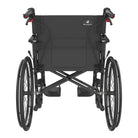 Schwarzer Icon 35 Rollstuhl mit Armlehnen, großen Hinterrädern und Fußstützen von hinten