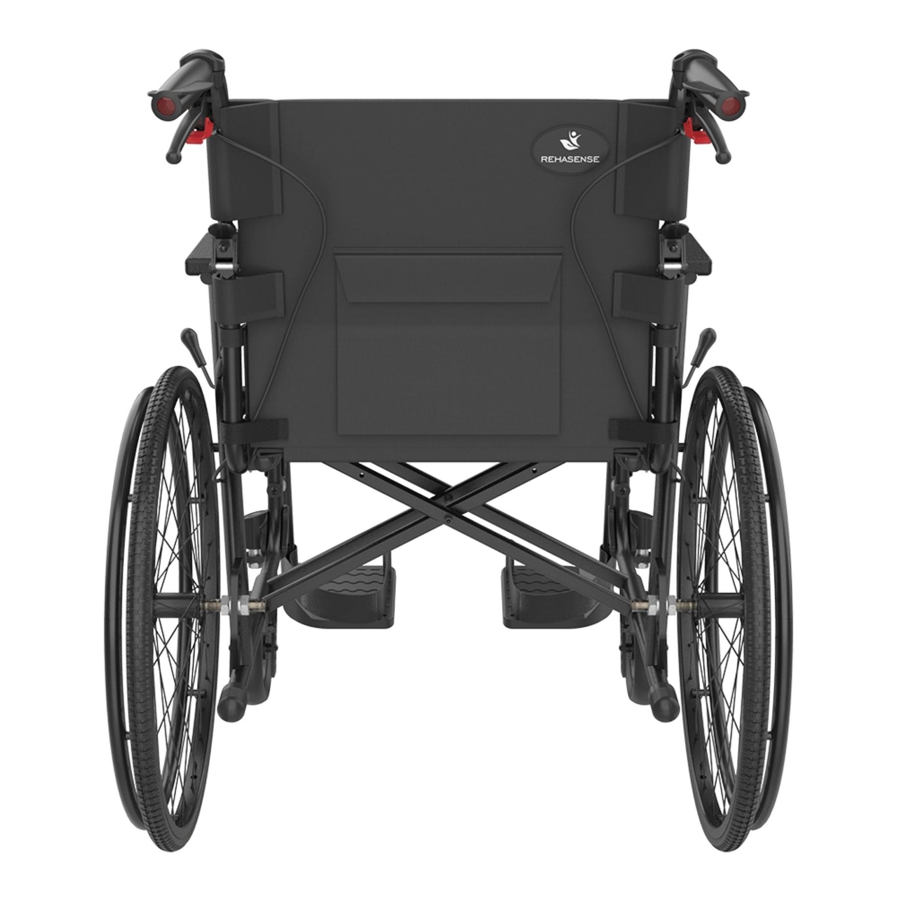 Schwarzer Icon 35 Rollstuhl mit Armlehnen, großen Hinterrädern und Fußstützen von hinten