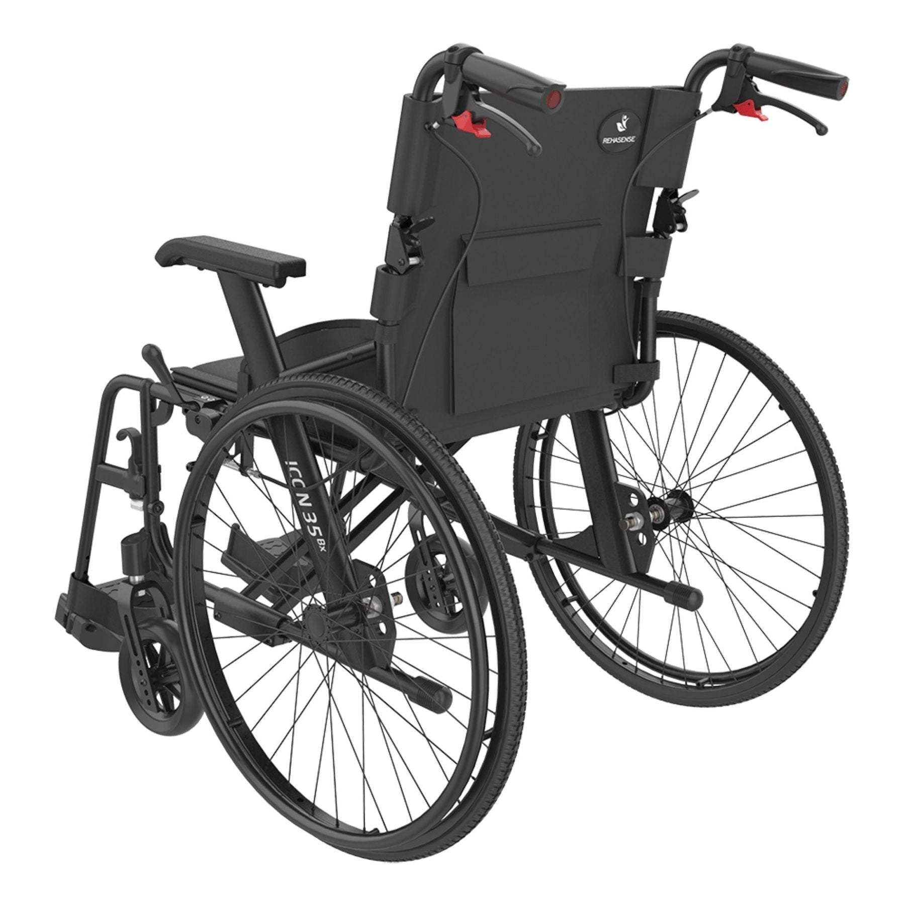 Schwarzer Icon 35 Rollstuhl mit Armlehnen, großen Hinterrädern und Fußstützen von hinten links