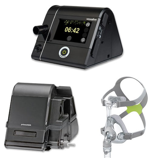 Löwenstein Prisma20A CPAP-APAP device, HMV, including humidifier and CPAP mask Joyce One FullFace mask, universal size mouth-nose mask