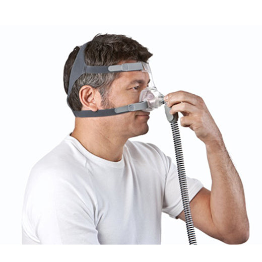 Resmed Mirage-FX Wide CPAP-Nasenmaske mit Kopfband, doppelwandiges Spring Air-Maskenkissen, weite Ausführung, in Benutzung