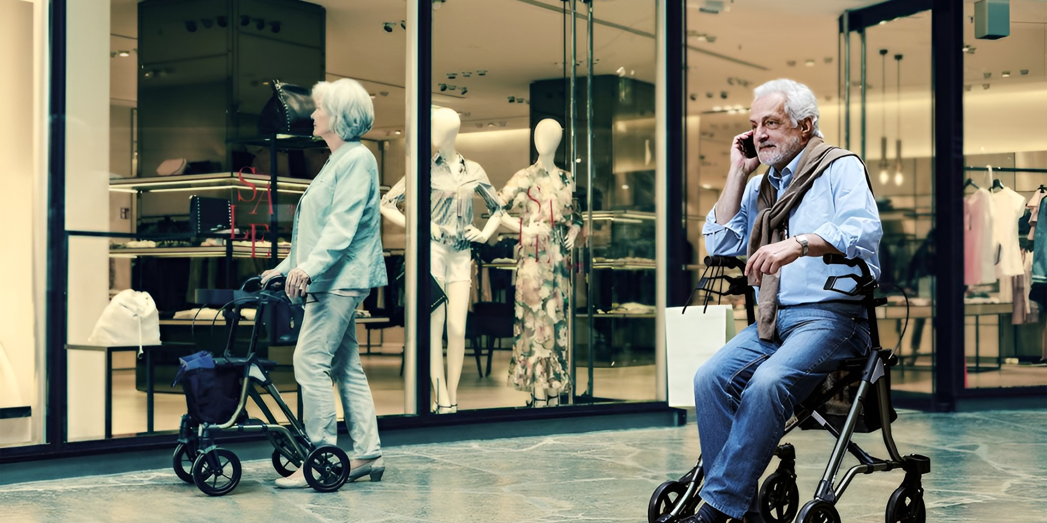 Mann telefoniert sitzend auf seinem TaimaMGT Rollator